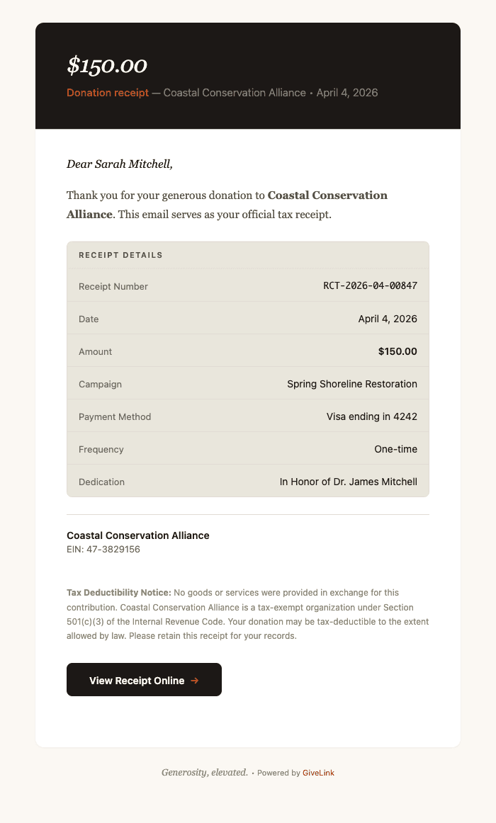 GiveLink donation receipt email showing charcoal header, serif typography, and warm earth-tone design